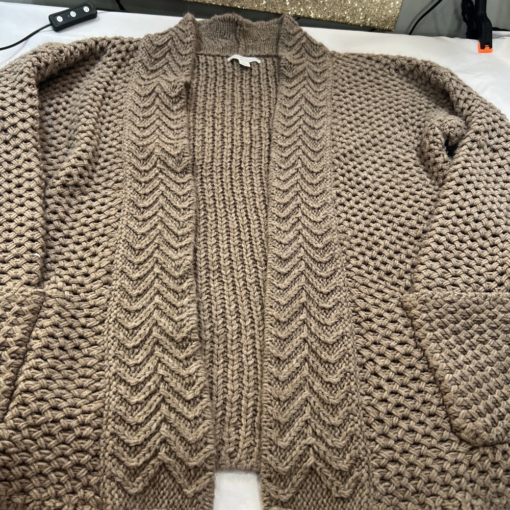 Vintage Knit Fisherman Sweater Cardigan Tan Pocket New York Company M Warm Hang